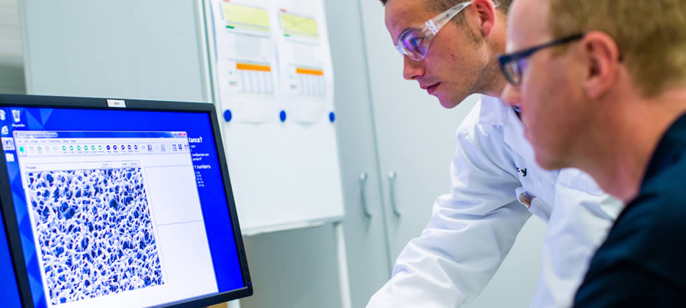 Two lab employees looking at screen